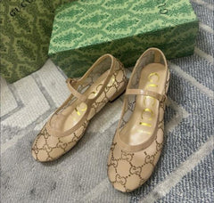 Gucci Charline Mesh Mary Jane Flats Ballet Sparkling Crystal GG Monogram With OG Box & Carry Bag 271 218 Apricot