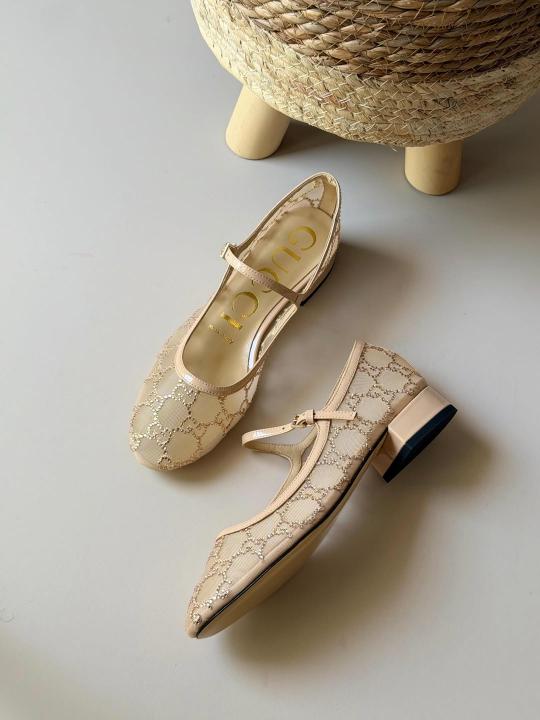 Gucci Charline Mesh Mary Jane Flats Ballet Sparkling Crystal GG Monogram With OG Box & Carry Bag 271 218 Apricot