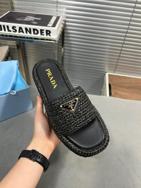 Prada Black Crochet Platform Slides Woven Raffia Texture With OG Box & Carry Bag Black  0015 1A