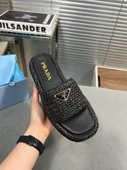 Prada Black Crochet Platform Slides Woven Raffia Texture With OG Box & Carry Bag Black  0015 1A