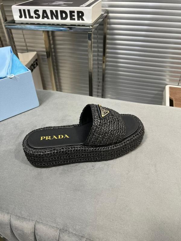Prada Black Crochet Platform Slides Woven Raffia Texture With OG Box & Carry Bag Black  0015 1A