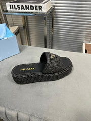 Prada Black Crochet Platform Slides Woven Raffia Texture With OG Box & Carry Bag Black  0015 1A