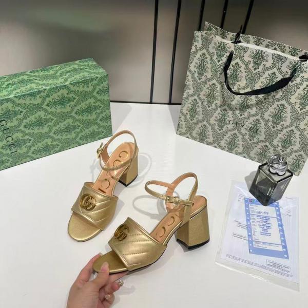 Gucci GG Marmont Gold Leather Block Heel Sandals GG Logo With OG Box & Carry Bag Gold 8058 3