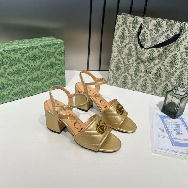 Gucci GG Marmont Gold Leather Block Heel Sandals GG Logo With OG Box & Carry Bag Gold 8058 3