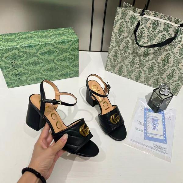 Gucci GG Marmont Black Leather Block Heel Sandals GG Logo With OG Box & Carry Bag Black 8058 3