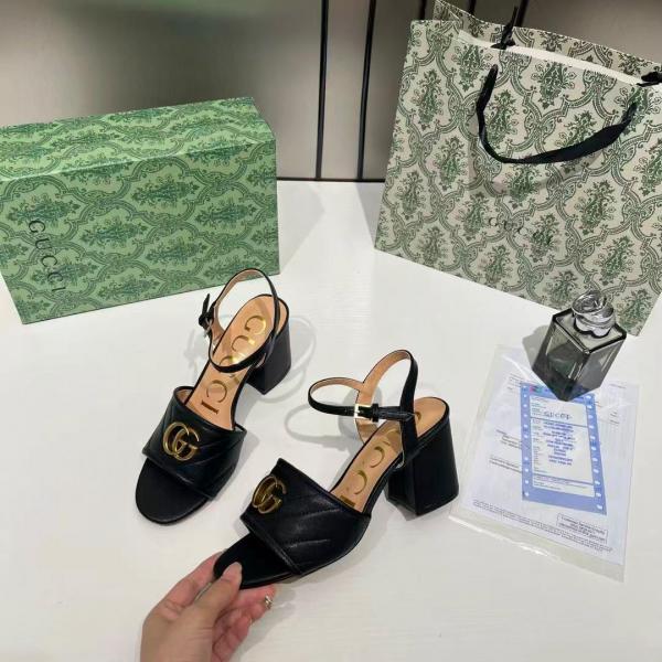 Gucci GG Marmont Black Leather Block Heel Sandals GG Logo With OG Box & Carry Bag Black 8058 3