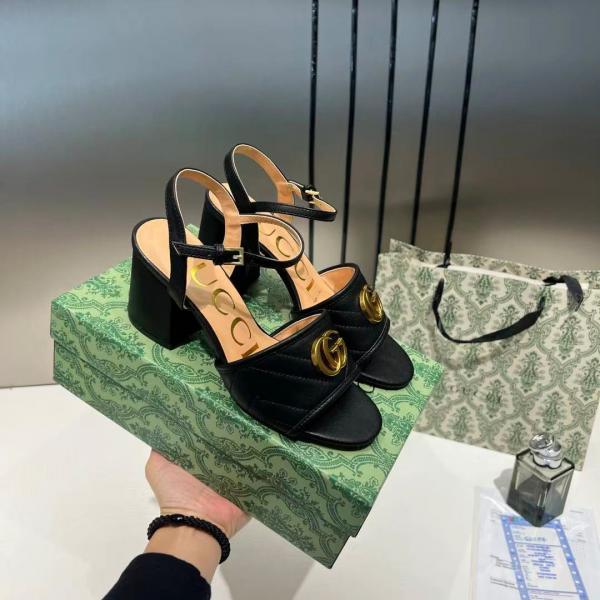 Gucci GG Marmont Black Leather Block Heel Sandals GG Logo With OG Box & Carry Bag Black 8058 3