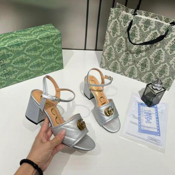 Gucci GG Marmont Silver Leather Block Heel Sandals GG Logo With OG Box & Carry Bag Silver 8058 3