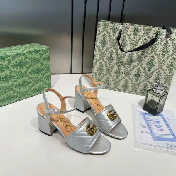 Gucci GG Marmont Silver Leather Block Heel Sandals GG Logo With OG Box & Carry Bag Silver 8058 3