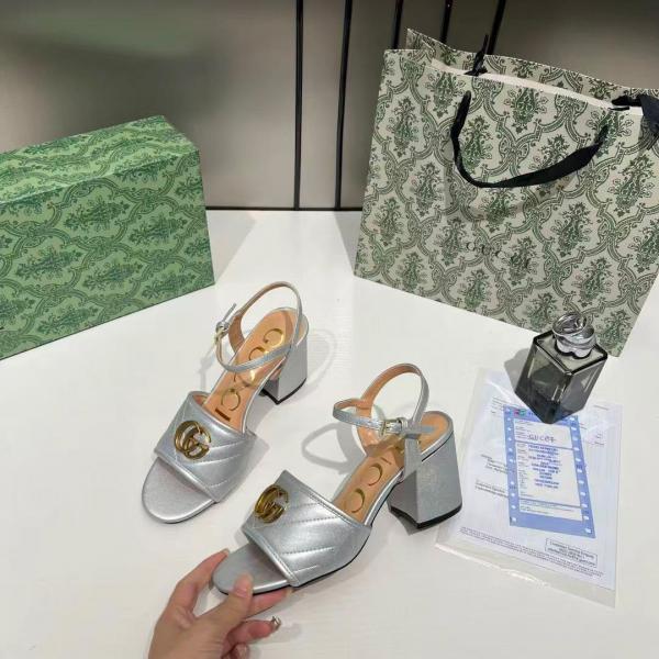 Gucci GG Marmont Silver Leather Block Heel Sandals GG Logo With OG Box & Carry Bag Silver 8058 3