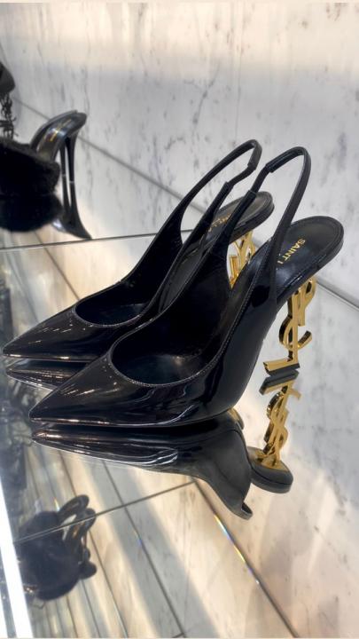 YSL Saint Laurent Opyum Heel Black Gold Slingback Pumps 8679 Black Gold With OG Box Carry Bag
