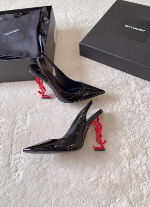 Ysl Saint Laurent Opyum Heel Black Red Slingback Pumps 8679 Black Red With OG Box Carry Bag