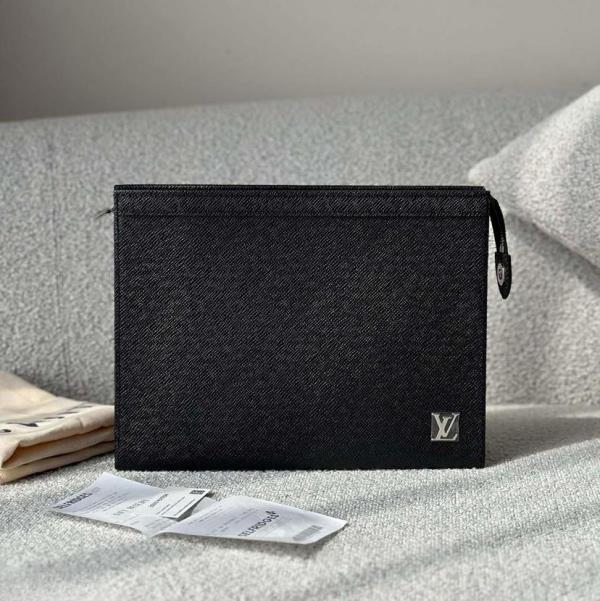Louis Vuitton Pochette Clutch  Voyage Taiga Leather Black Silver Hardware With OG Box Dust Cover & Carry Bag