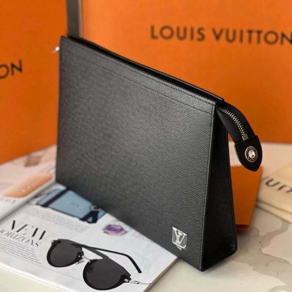 Louis Vuitton Pochette Clutch  Voyage Taiga Leather Black Silver Hardware With OG Box Dust Cover & Carry Bag