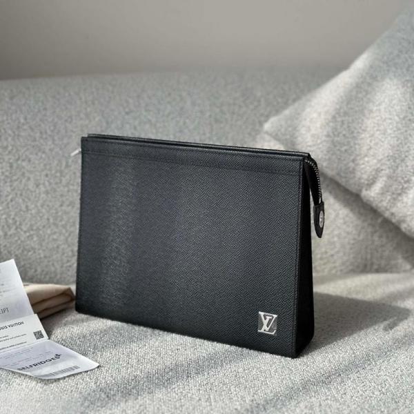 Louis Vuitton Pochette Clutch  Voyage Taiga Leather Black Silver Hardware With OG Box Dust Cover & Carry Bag