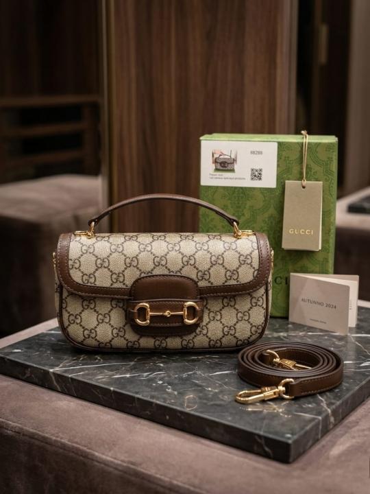 Gucci Horsebit Top Handle 1955 Shoulder Bag Brown With Khakhi GG Monogram Canvas Signature Horsebit With Dust Cover & OG Box 88288