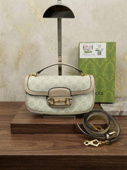 Gucci Horsebit Top Handle 1955 Shoulder Bag Beige GG Monogram Canvas Signature Horsebit With Dust Cover & OG Box 88288
