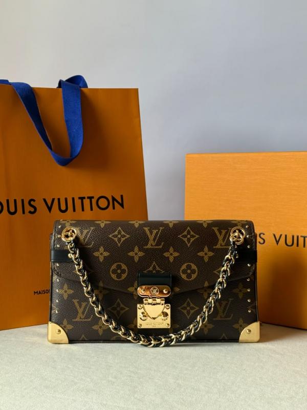 Louis Vuitton Trunkie East West Signature Monogram Leather Shoulder Bag With OG Box Dust Cover & Carry Bag M81668 Monochrome Coffee Brown