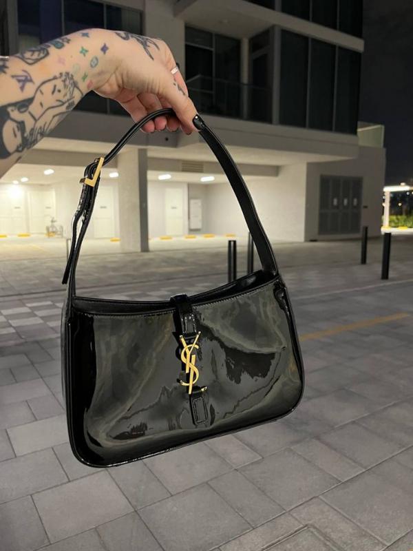 YSL Saint Laurent Hobo Glossy Black Gold Leather Shoulder Bag With OG Box & Dust Bag 862-1 Black Gold