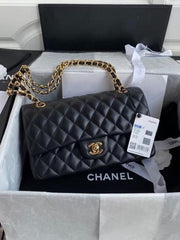 Chanel Classic Flap Black Medium Lambskin With OG Box & Dust Bag 1818 Black Gold