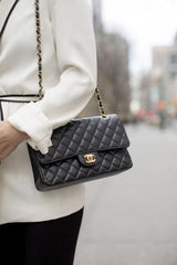 Chanel Classic Flap Black Medium Lambskin With OG Box & Dust Bag 1818 Black Gold
