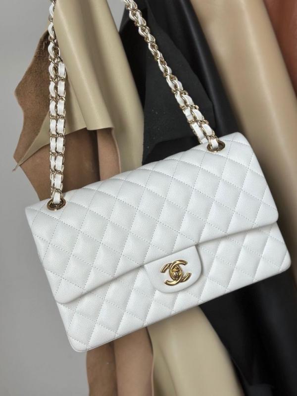 Chanel Classic Flap White Medium Lambskin With OG Box & Dust Bag 1818 White Gold