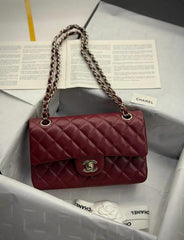 Chanel Classic Flap Wine Red Medium Lambskin With OG Box & Dust Bag 1818 Wine Red Gold