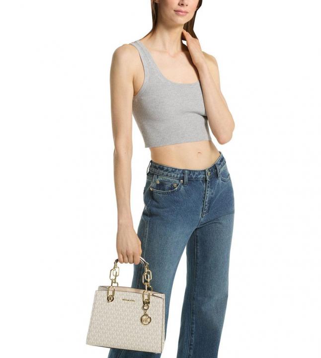 Michael Kors Cynthia Small Signature Logo atchel With OG Box & Carry Bag Beige Brown 2427