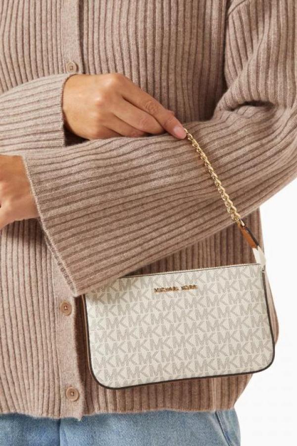 Michael Kors MK MD Chain Pouchette Bag With OG Box & Dust Bag 1930 Beige Brown