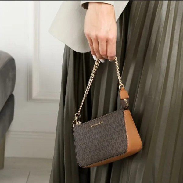 Michael Kors MK MD Chain Pouchette Bag With OG Box & Dust Bag 1930 Coffee Brown