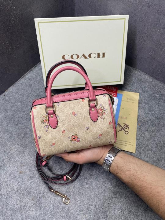 Coach Rowan Satchel Signature Coated Canvas Floral Print in Vibrant Pink Leather With OG Box & Dust Cover Pink