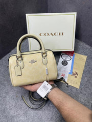 Coach Rowan Satchel Signature Coated Canvas Vibrant Yellow Leather With OG Box & Dust Cover Yellow