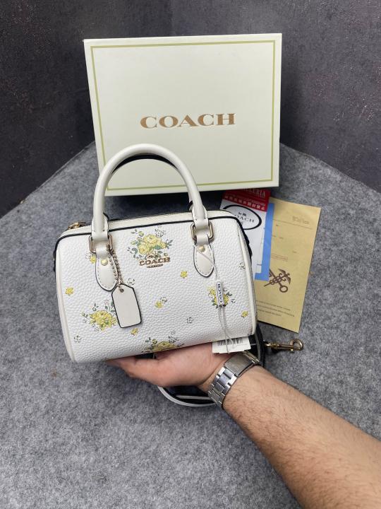 Coach Rowan Satchel Signature Coated Canvas Vibrant White Floral Dandelion Print Leather With OG Box & Dust Cover White