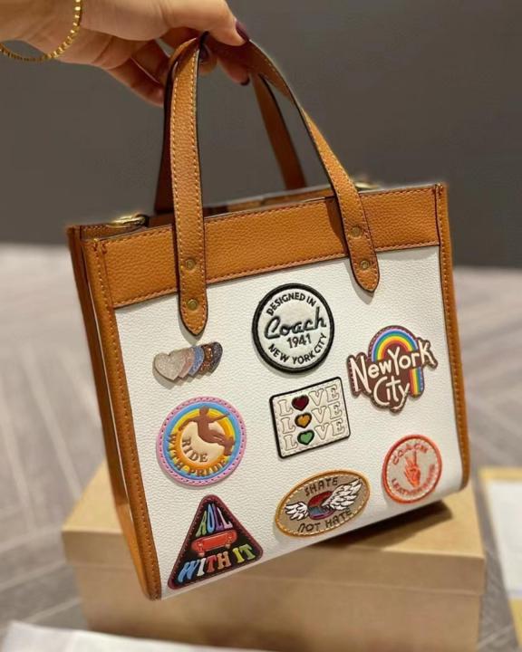 Coach Field Small Tote 22 Colorful Patches Collections With OG Box & Dust Cover C06