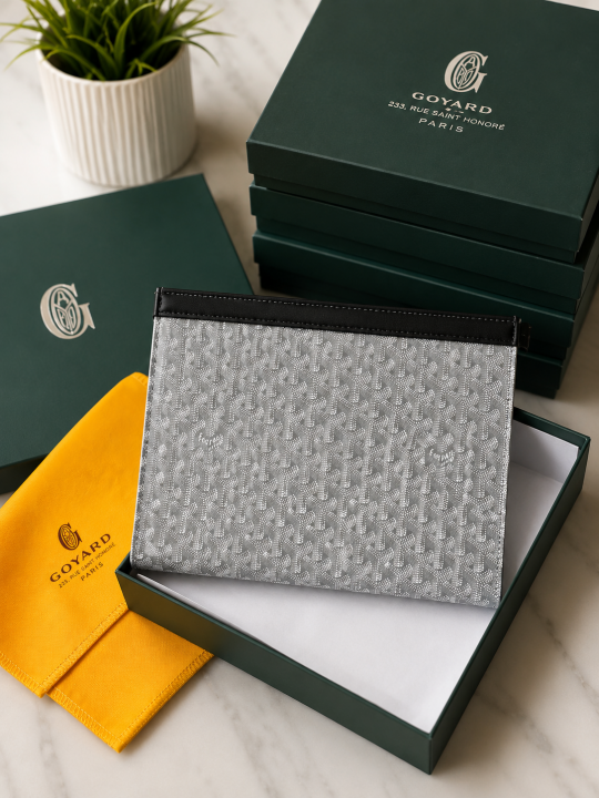 Goyard Senat Clutch Grey Pouch Signature Chevron With OG Box & Dust Cover 61692 Grey