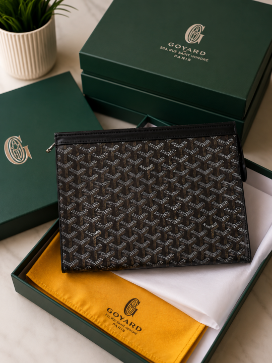 Goyard Senat Clutch Black Pouch Signature Chevron With OG Box & Dust Cover 61692 Black