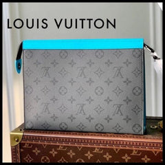 Louis Vuitton Pochette Voyage MM Clutch With Dust Cover & OG Box Grey Floral Light Blue