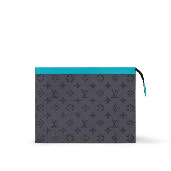 Louis Vuitton Pochette Voyage MM Clutch With Dust Cover & OG Box Grey Floral Light Blue
