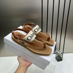Chloe Woody Flat Sandal Beige Canvas & Leather With OG Box & Dust Cover Beige