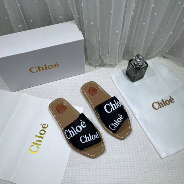 Chloe Premium Woody Slides Flat With OG Box Dust Cover Black