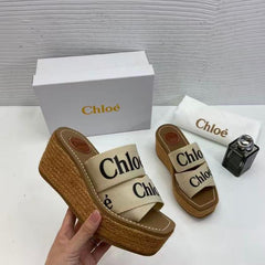 Chloe Woody Wedge Espadrille Sandals Platform Heel Beige Logo embroidered Straps With OG Box Beige
