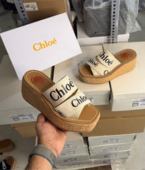 Chloe Woody Wedge Espadrille Sandals Platform Heel Beige Logo embroidered Straps With OG Box Beige