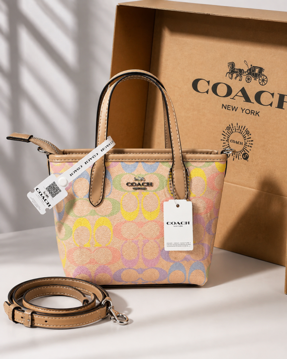 Coach Mini Tote Bag Multicolor Signature Canvas Tan Leather Trim Shoulder Strap With OG Box & Dust Cover 165 Rainbow