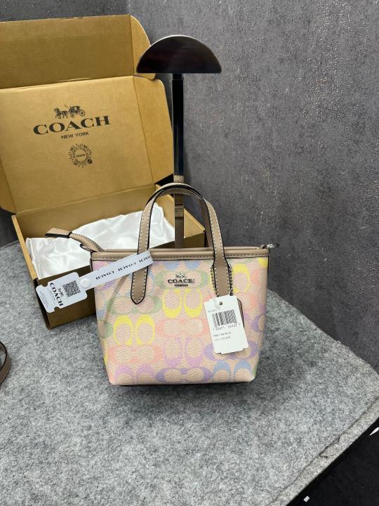 Coach Mini Tote Bag Multicolor Signature Canvas Tan Leather Trim Shoulder Strap With OG Box & Dust Cover 165 Rainbow