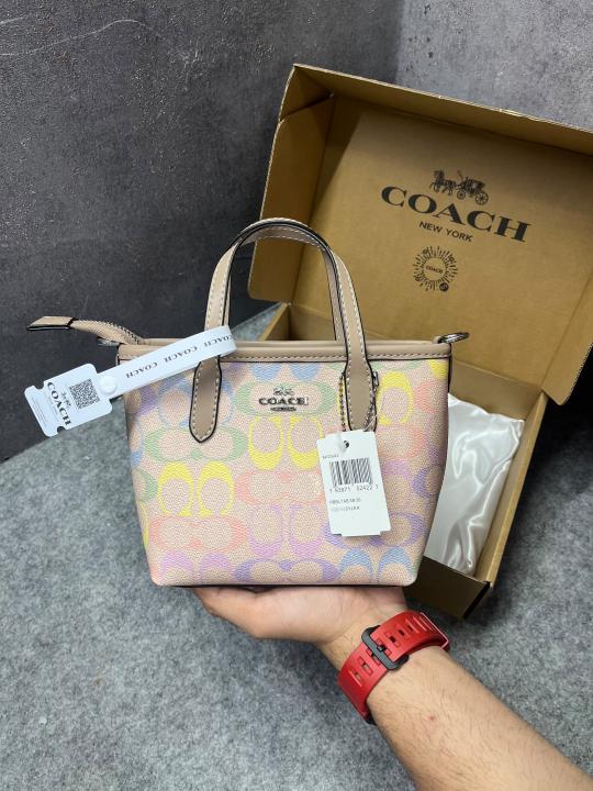 Coach Mini Tote Bag Multicolor Signature Canvas Tan Leather Trim Shoulder Strap With OG Box & Dust Cover 165 Rainbow