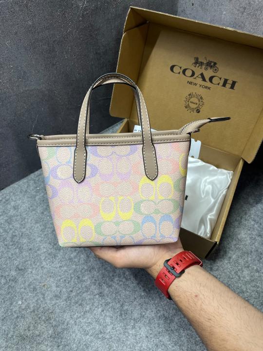 Coach Mini Tote Bag Multicolor Signature Canvas Tan Leather Trim Shoulder Strap With OG Box & Dust Cover 165 Rainbow