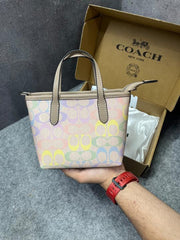 Coach Mini Tote Bag Multicolor Signature Canvas Tan Leather Trim Shoulder Strap With OG Box & Dust Cover 165 Rainbow