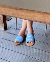 Chloe Premium Woody Slides Flat With OG Box Dust Cover Blue