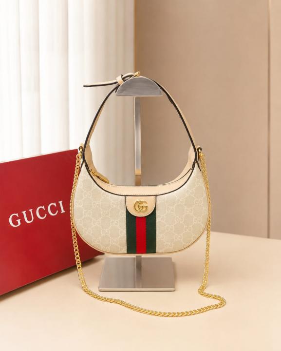 Gucci Ophidia Half Moon Small White Supreme Canvas Bag With OG Box Dust Cover & Carry Bag 066 Beige