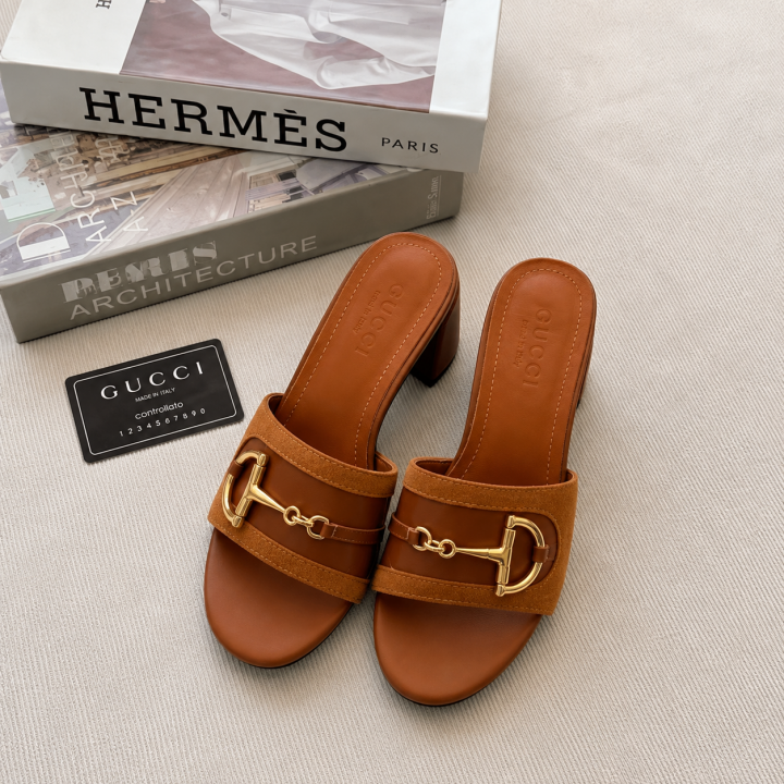 Gucci Horsebit Mid Block heel Sandals Suede Leather Brown With OG Box 12318 Brown